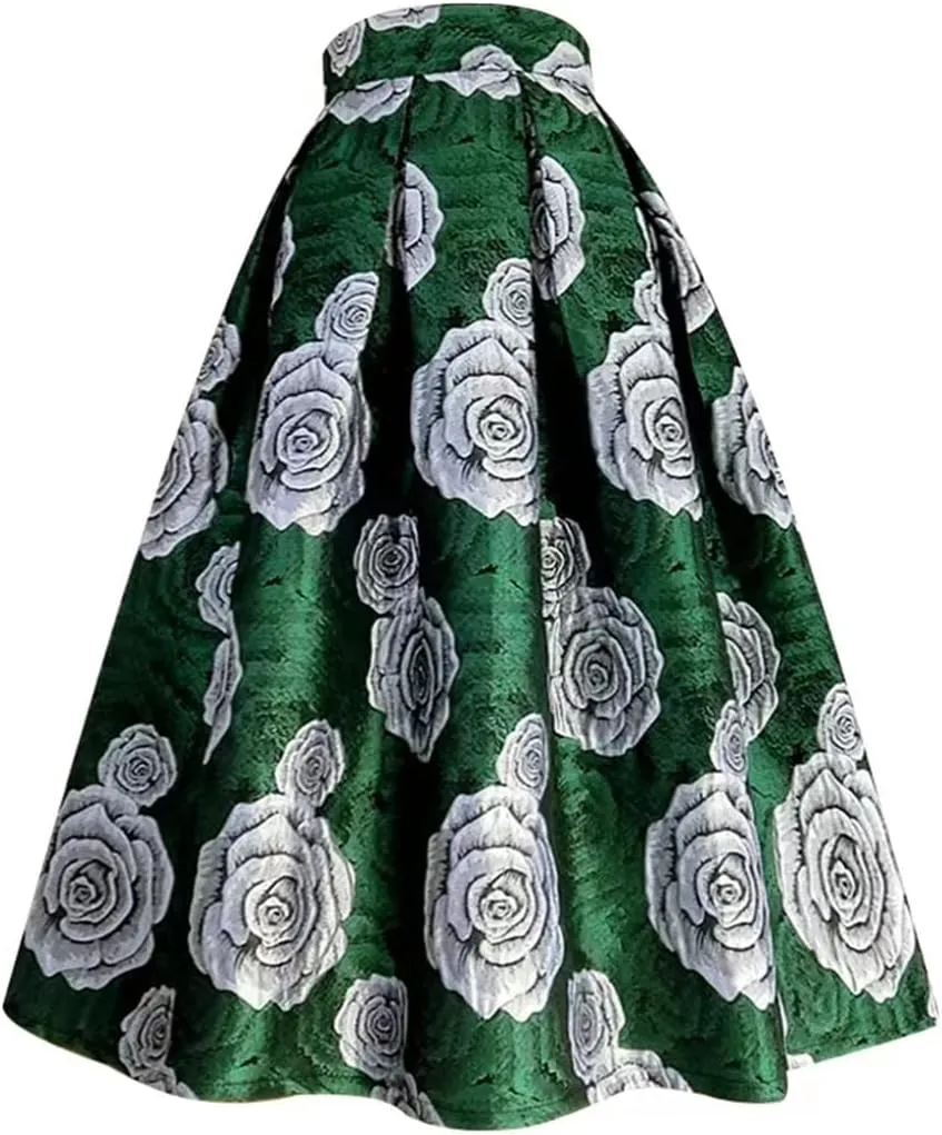 Women Spring Autumn Rose High Waist Pleated Long Puffy Midi Skirt