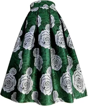 Women Spring Autumn Rose High Waist Pleated Long Puffy Midi Skirt
