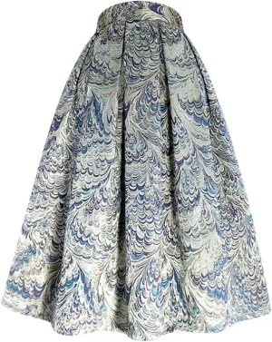 Women Spring Autumn Silver Paisley High Waist Pleated Long Puffy Midi Skirt