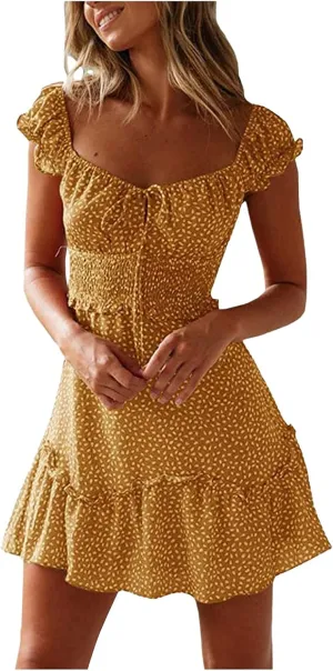 Women's 2023 Summer Bohemian Floral Printed Ruffle Hem Short Sleeves Tube Crew Neck Wrap Beach Party Mini Dress Yellow