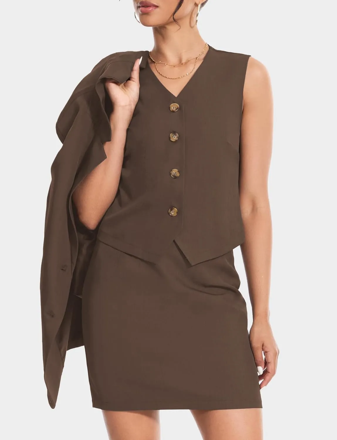 Women's 3 Piece Skirt Sets Business Casual Short Skort Blazer Suit Long Sleeve Jacket Vest Matching Outfits