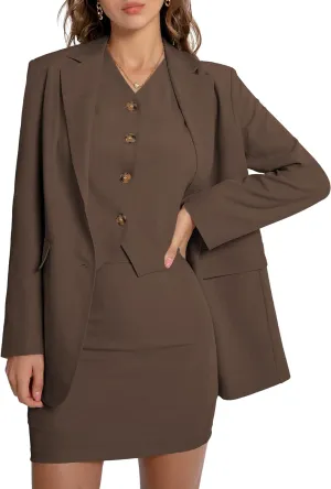 Women's 3 Piece Skirt Sets Business Casual Short Skort Blazer Suit Long Sleeve Jacket Vest Matching Outfits
