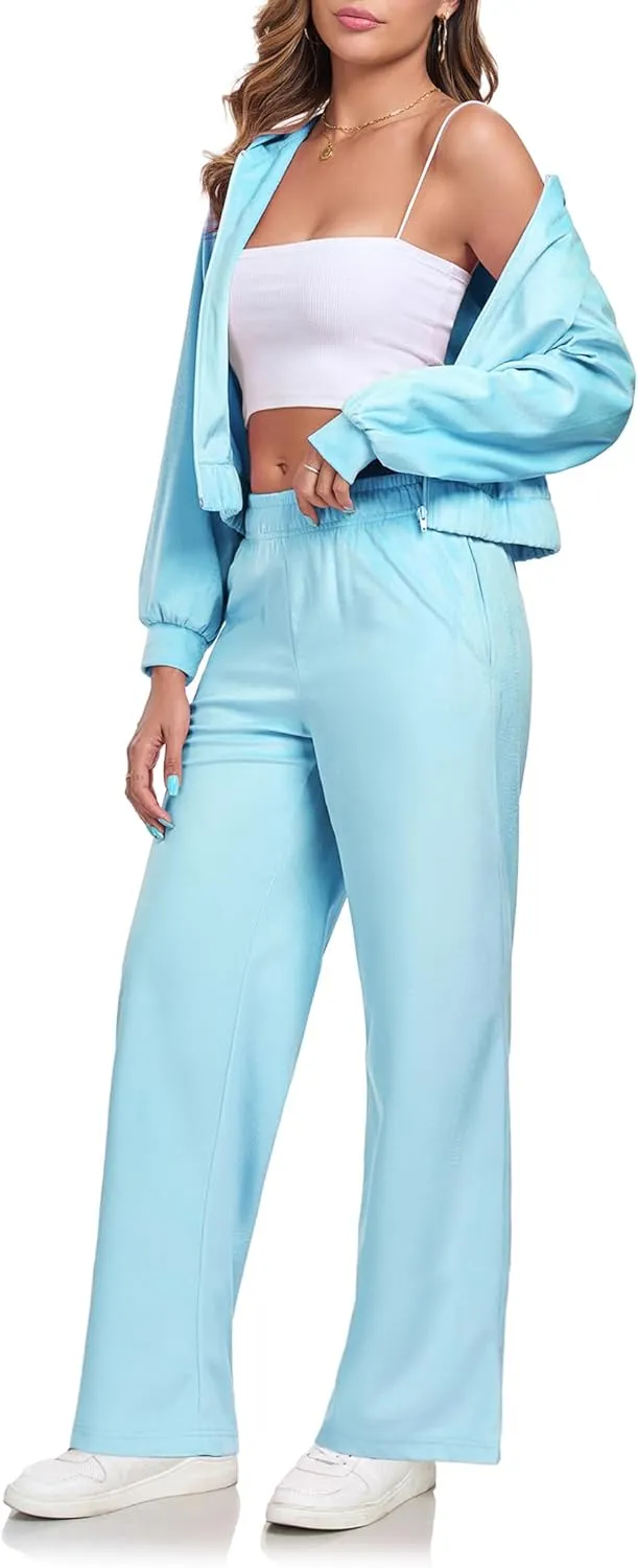 Womens Casual Velour Tracksuit Set Fall Sweatsuits 2 Piece Outfits Lounge Sets Full Zipper Hoodie Wide Leg Pants Set