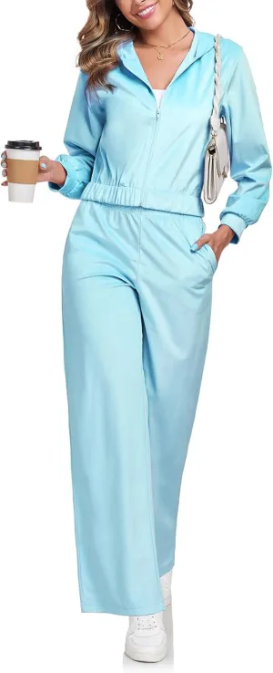Womens Casual Velour Tracksuit Set Fall Sweatsuits 2 Piece Outfits Lounge Sets Full Zipper Hoodie Wide Leg Pants Set