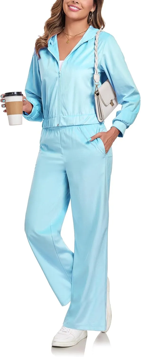 Womens Casual Velour Tracksuit Set Fall Sweatsuits 2 Piece Outfits Lounge Sets Full Zipper Hoodie Wide Leg Pants Set