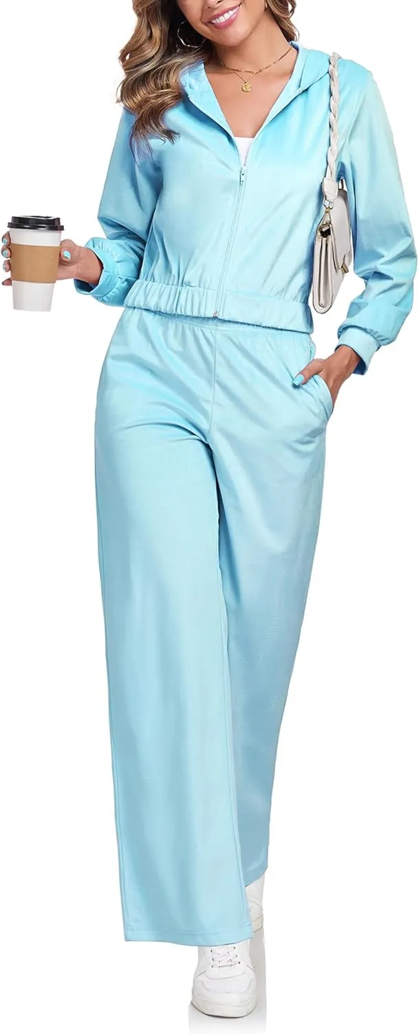 Womens Casual Velour Tracksuit Set Fall Sweatsuits 2 Piece Outfits Lounge Sets Full Zipper Hoodie Wide Leg Pants Set