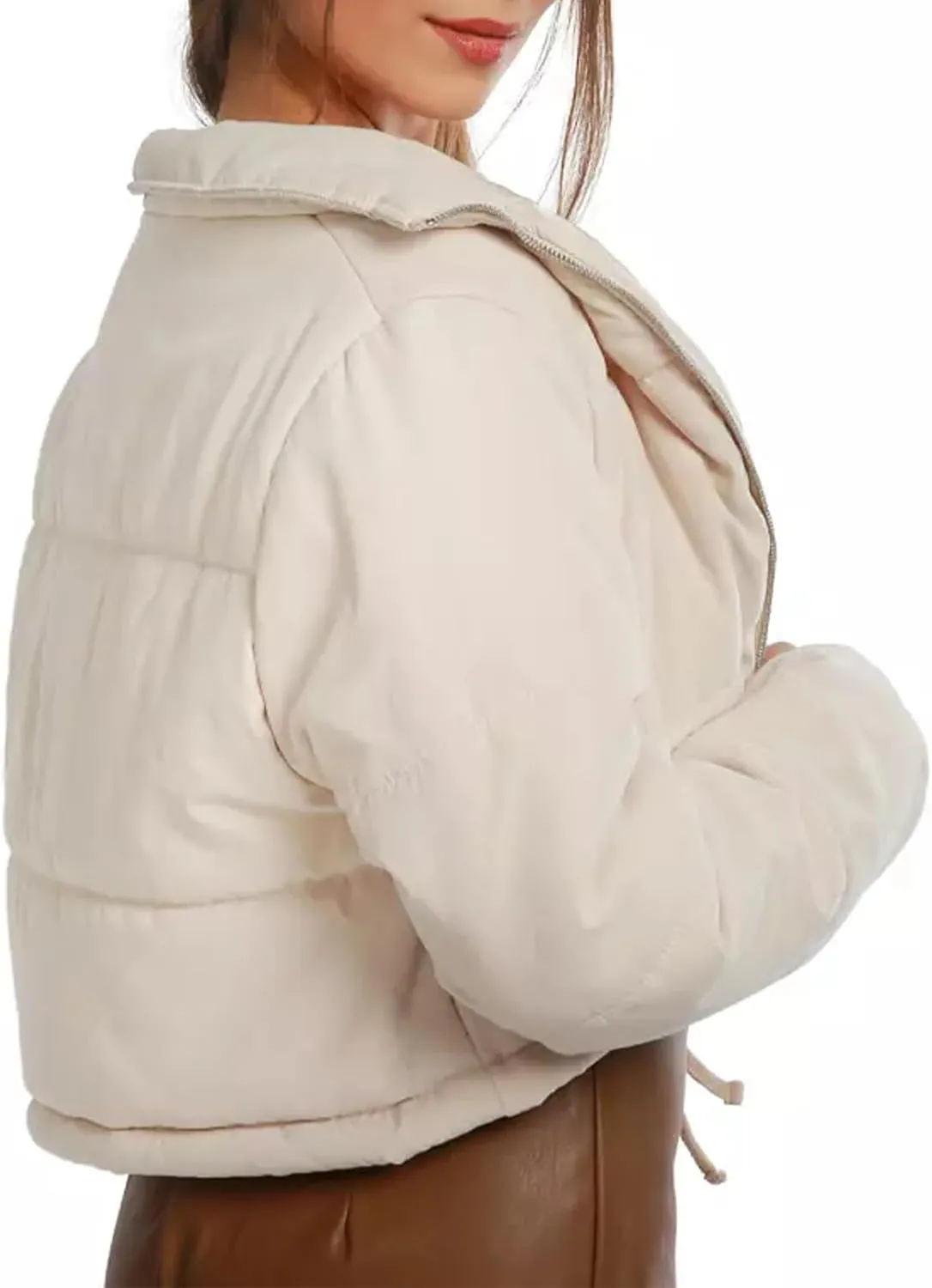 Women's Crop Puffer Jacket Long Sleeve Puffy Coat Stand Collar Zip UP Quilted Padded Drawstring Outwear with Pockets
