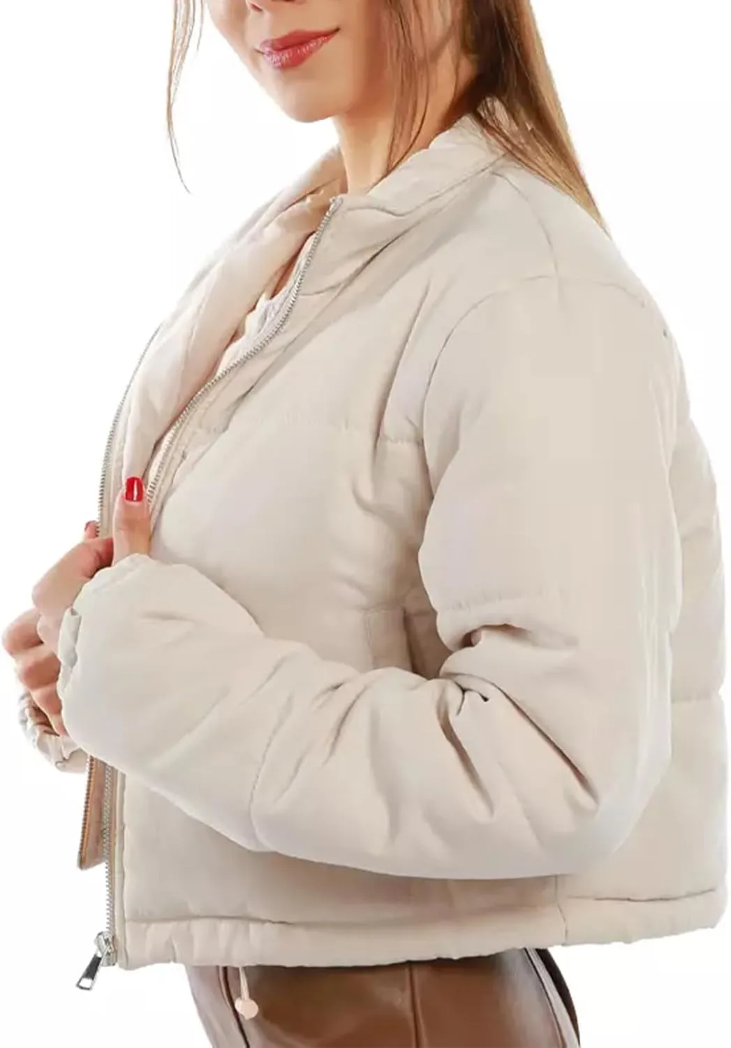 Women's Crop Puffer Jacket Long Sleeve Puffy Coat Stand Collar Zip UP Quilted Padded Drawstring Outwear with Pockets