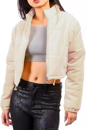 Women's Crop Puffer Jacket Long Sleeve Puffy Coat Stand Collar Zip UP Quilted Padded Drawstring Outwear with Pockets