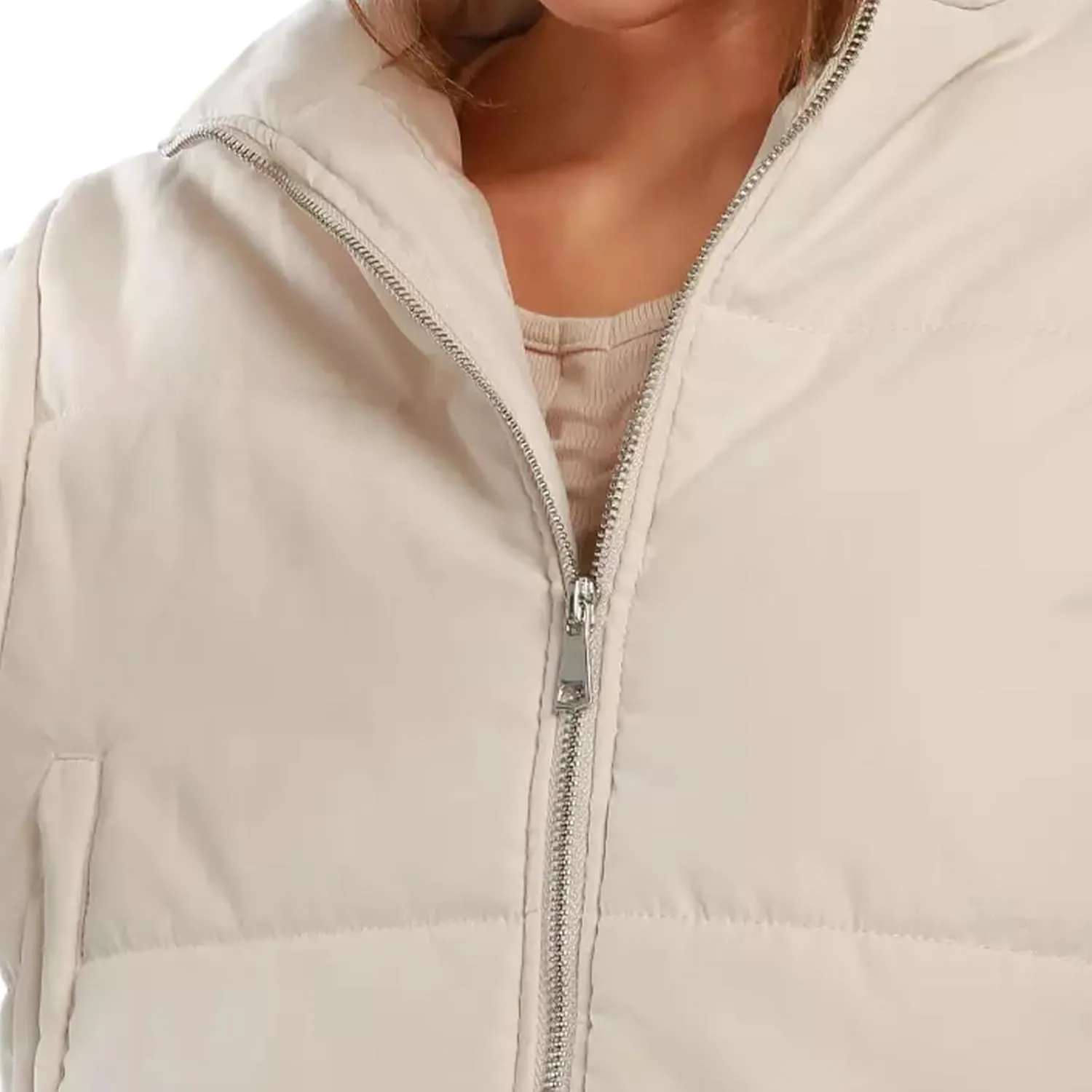 Women's Crop Puffer Jacket Long Sleeve Puffy Coat Stand Collar Zip UP Quilted Padded Drawstring Outwear with Pockets