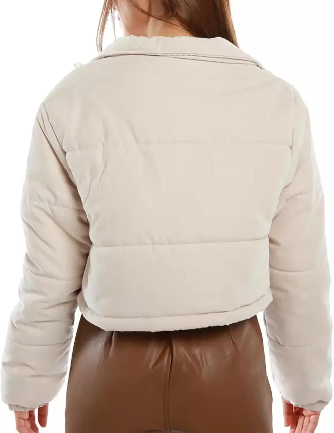 Women's Crop Puffer Jacket Long Sleeve Puffy Coat Stand Collar Zip UP Quilted Padded Drawstring Outwear with Pockets