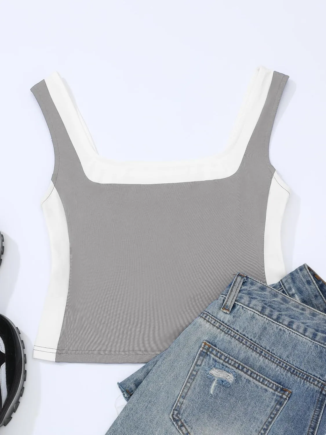 Womens Crop Tank Tops Summer Square Neck Top Slim Fitted Color Block Yoag Shirts