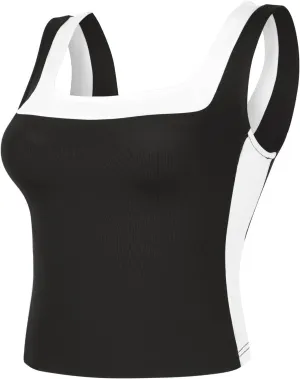 Womens Crop Tank Tops Summer Square Neck Top Slim Fitted Color Block Yoag Shirts