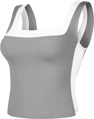 Womens Crop Tank Tops Summer Square Neck Top Slim Fitted Color Block Yoag Shirts