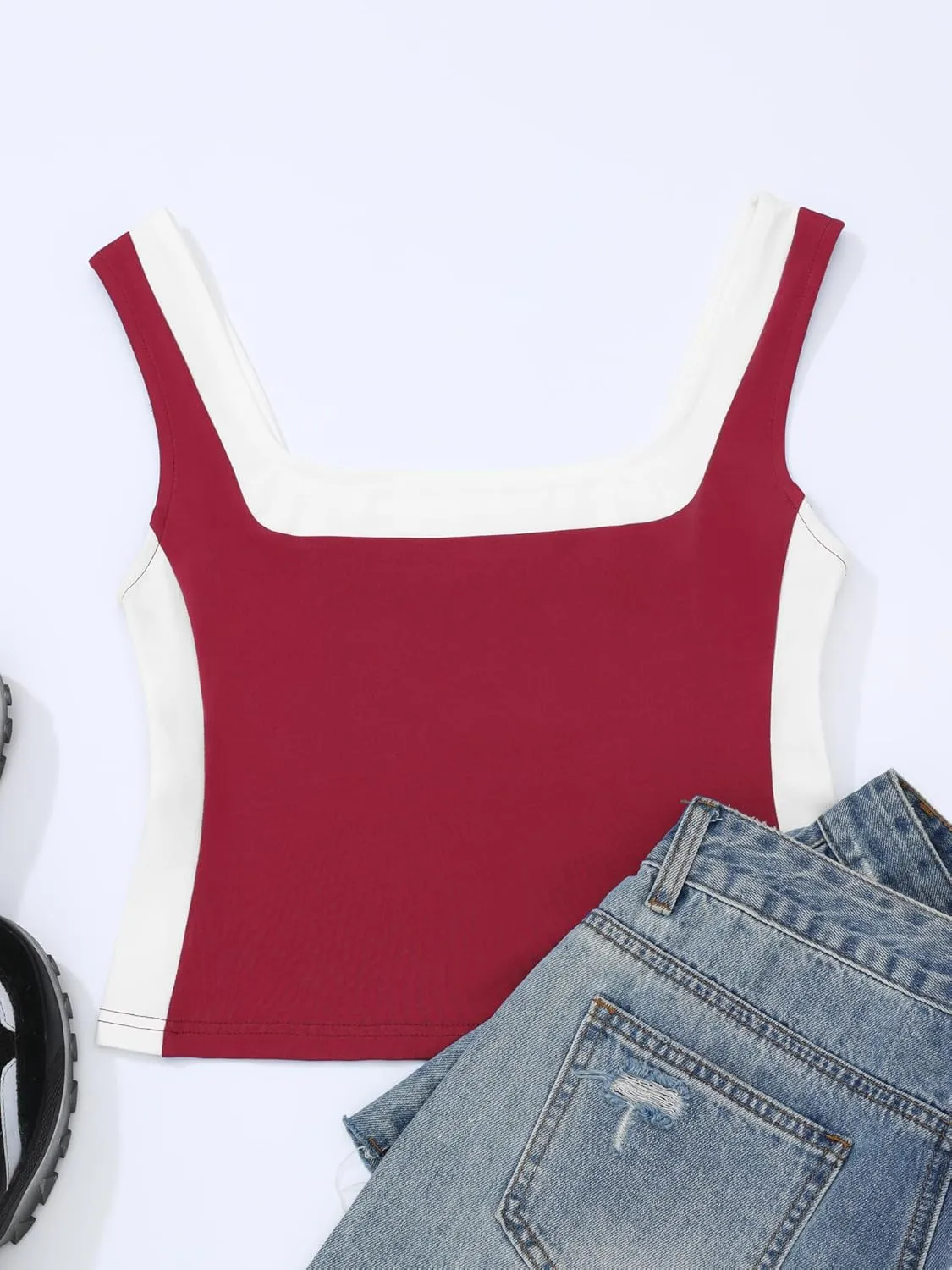 Womens Crop Tank Tops Summer Square Neck Top Slim Fitted Color Block Yoag Shirts