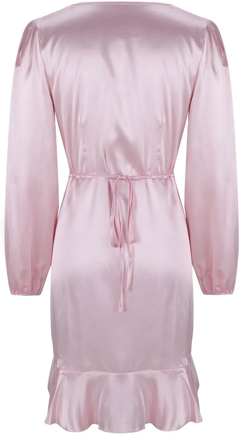 Women's Dressy Satin A-Line Dress Wrap V Neck Ruffle Mini Dresses Lantern Long Sleeves Belted Elegant Flared Dress