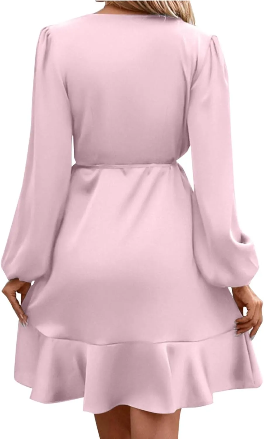 Women's Dressy Satin A-Line Dress Wrap V Neck Ruffle Mini Dresses Lantern Long Sleeves Belted Elegant Flared Dress