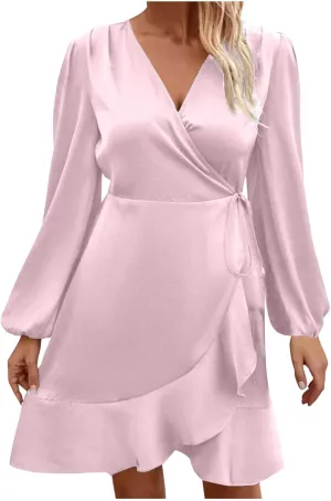 Women's Dressy Satin A-Line Dress Wrap V Neck Ruffle Mini Dresses Lantern Long Sleeves Belted Elegant Flared Dress