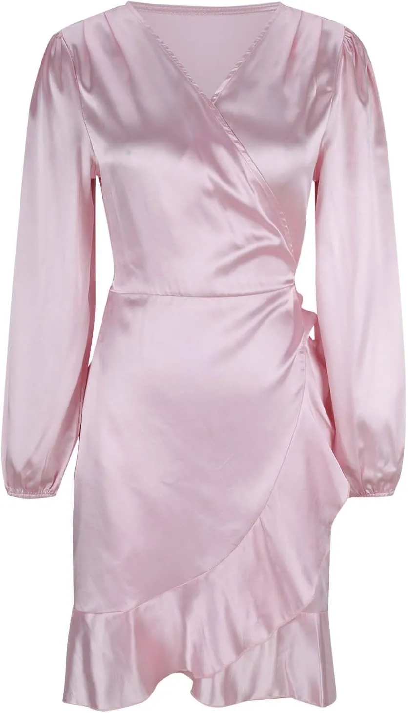 Women's Dressy Satin A-Line Dress Wrap V Neck Ruffle Mini Dresses Lantern Long Sleeves Belted Elegant Flared Dress
