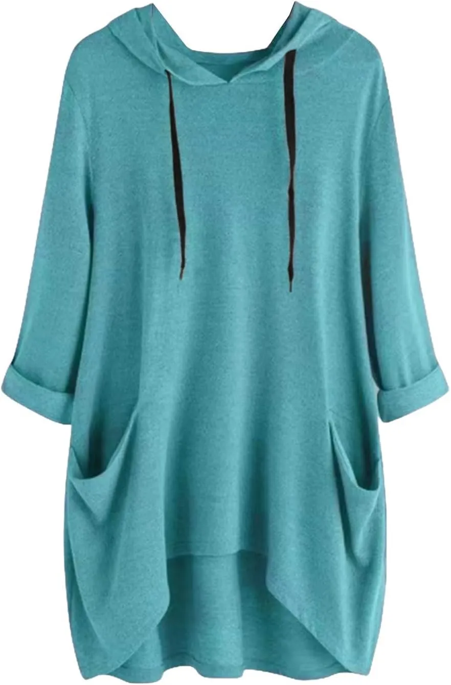 Women's Fashion Long Sleeve Hoodies Solid Color Sweatshirt Hooded Drawstring Pullover Top with Pocket Loose Clothes
