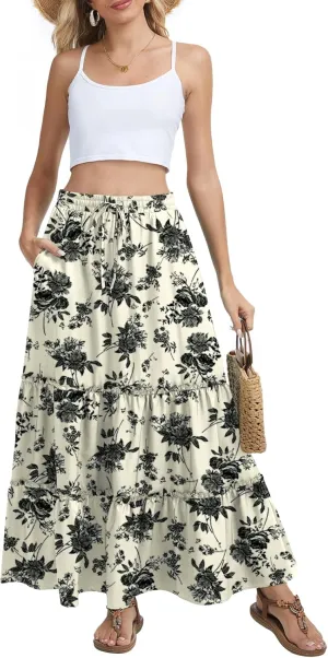 Womens Flowy Maxi Skirt Summer Boho Elastic High Waisted Casual Ruffle Tiered Long Skirts with Pockets
