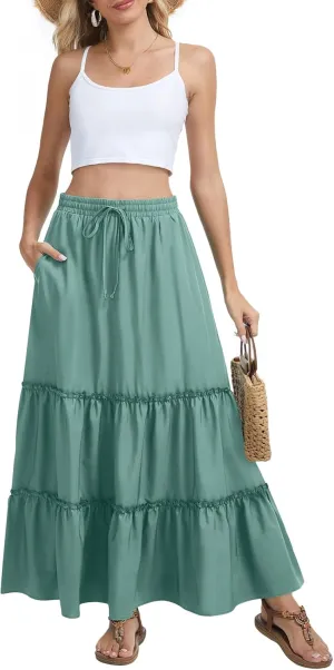 Womens Flowy Maxi Skirt Summer Boho Elastic High Waisted Casual Ruffle Tiered Long Skirts with Pockets