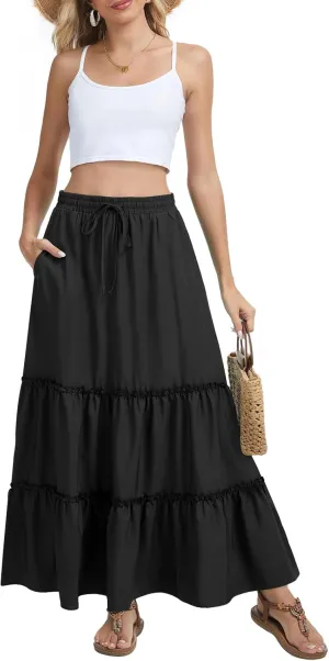 Womens Flowy Maxi Skirt Summer Boho Elastic High Waisted Casual Ruffle Tiered Long Skirts with Pockets