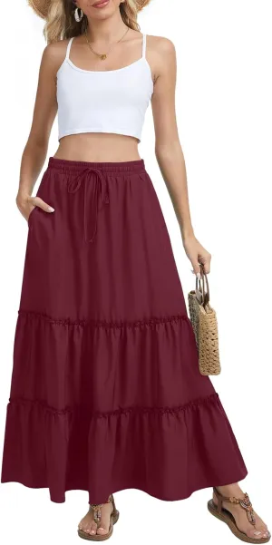 Womens Flowy Maxi Skirt Summer Boho Elastic High Waisted Casual Ruffle Tiered Long Skirts with Pockets