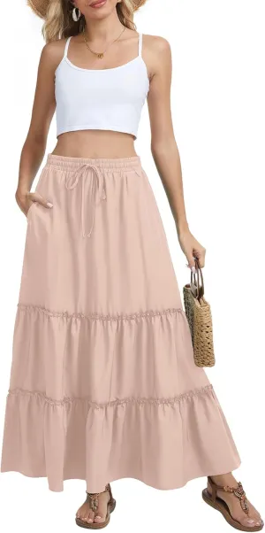 Womens Flowy Maxi Skirt Summer Boho Elastic High Waisted Casual Ruffle Tiered Long Skirts with Pockets