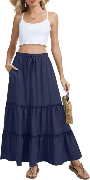 Womens Flowy Maxi Skirt Summer Boho Elastic High Waisted Casual Ruffle Tiered Long Skirts with Pockets