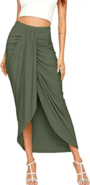 Women's High Low Wrap Maxi Skirts Sexy Side Split High Waist Midi Skirt Twist Front Asymmetrical Cover Up Skirts