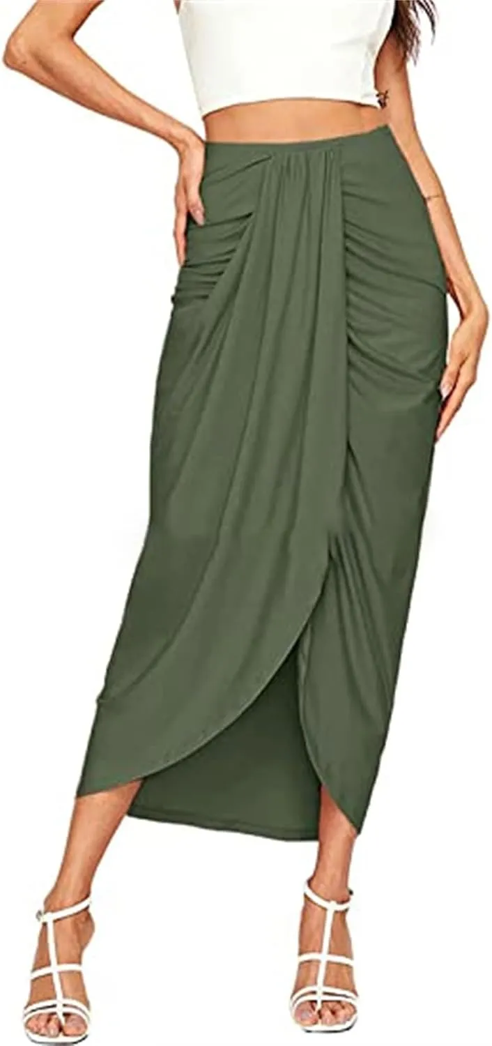 Women's High Low Wrap Maxi Skirts Sexy Side Split High Waist Midi Skirt Twist Front Asymmetrical Cover Up Skirts