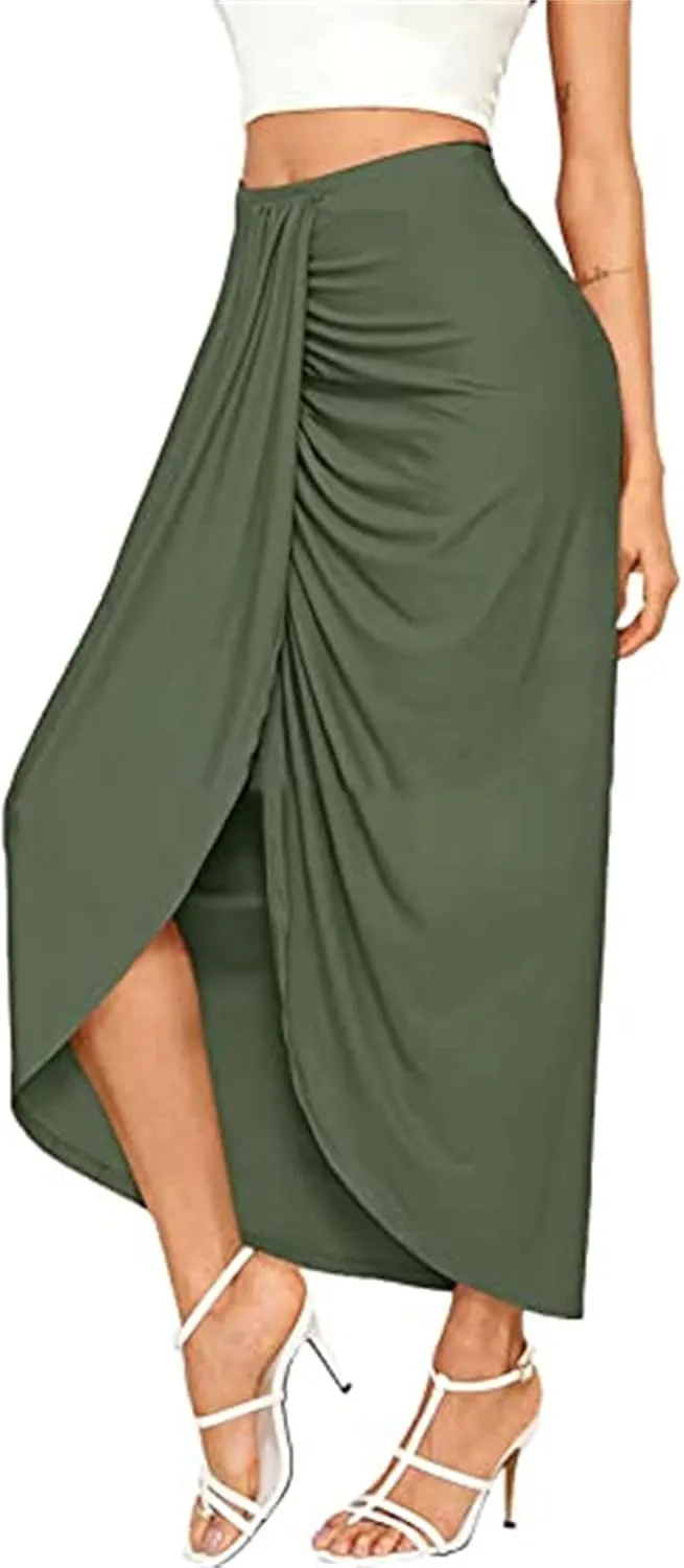 Women's High Low Wrap Maxi Skirts Sexy Side Split High Waist Midi Skirt Twist Front Asymmetrical Cover Up Skirts