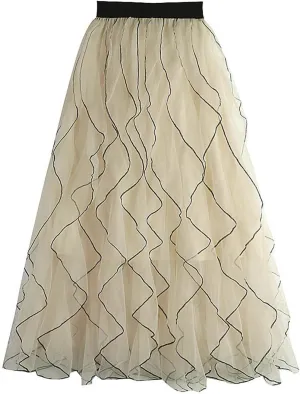 Women's High Waist Tulle Skirt Casual Layered Puffy Pleated Skirt Midi Length A-Line Trendy Tiered Skirt
