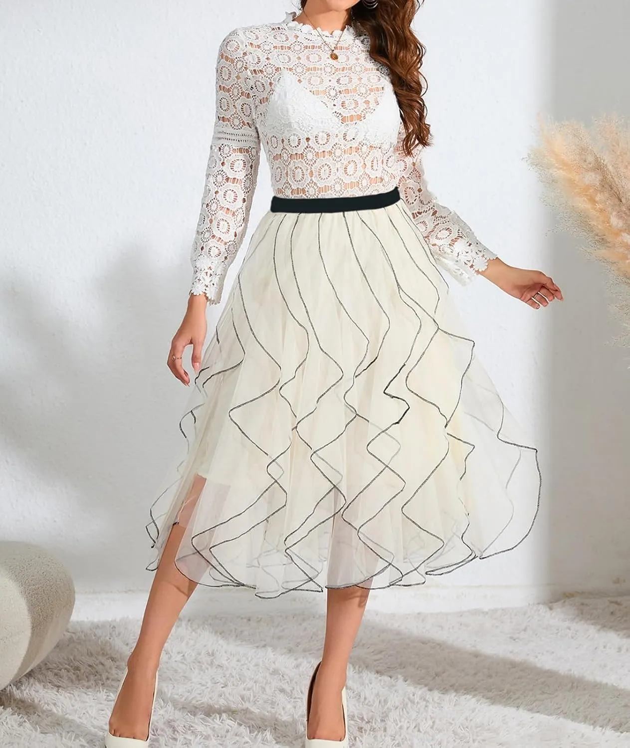 Women's High Waist Tulle Skirt Casual Layered Puffy Pleated Skirt Midi Length A-Line Trendy Tiered Skirt