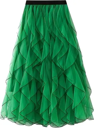 Women's High Waist Tulle Skirt Casual Layered Puffy Pleated Skirt Midi Length A-Line Trendy Tiered Skirt