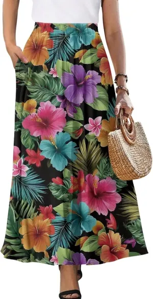 Womens Long Skirts Casual Hig Waisted Elastic Band A Line Ruffle Swing Skirt with Pockets Size S-2XL