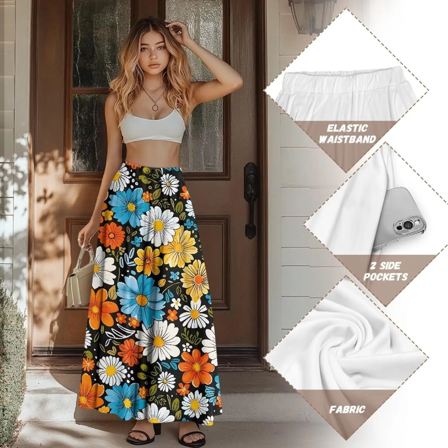 Womens Long Skirts with Pockets Flowy High Waisted Pleated Skirt for Women Daily Maxi Ladies Skirts Plus Size