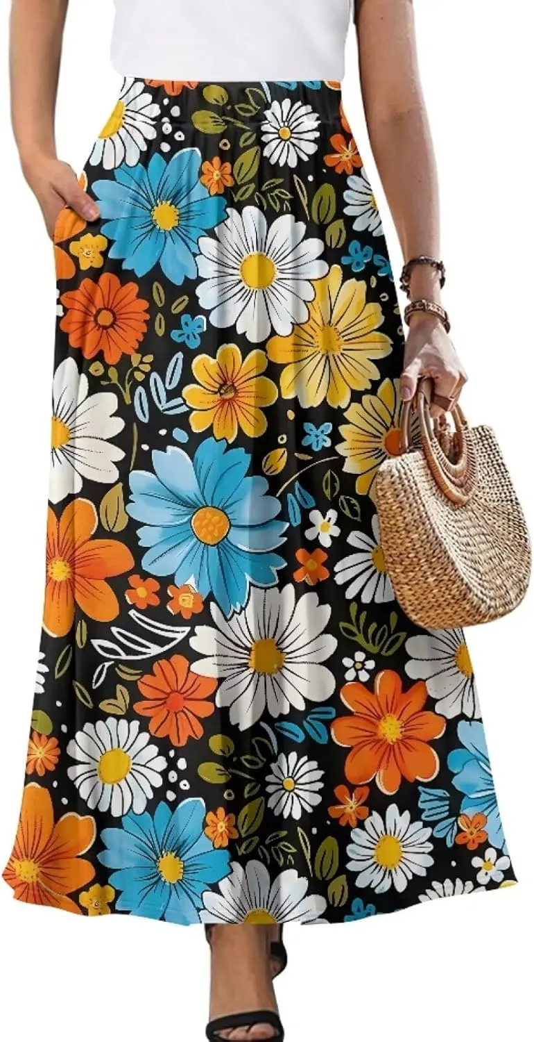 Womens Long Skirts with Pockets Flowy High Waisted Pleated Skirt for Women Daily Maxi Ladies Skirts Plus Size