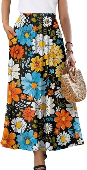 Womens Long Skirts with Pockets Flowy High Waisted Pleated Skirt for Women Daily Maxi Ladies Skirts Plus Size