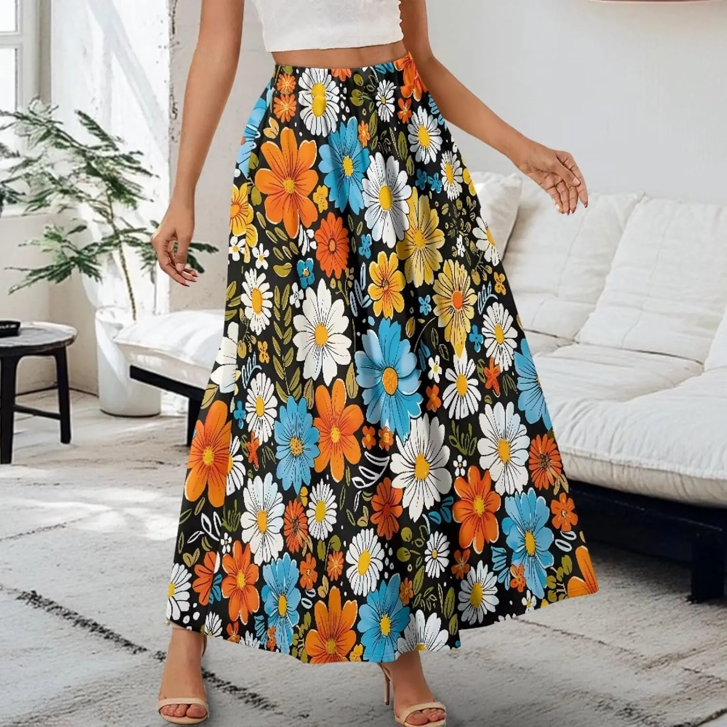Womens Long Skirts with Pockets Flowy High Waisted Pleated Skirt for Women Daily Maxi Ladies Skirts Plus Size