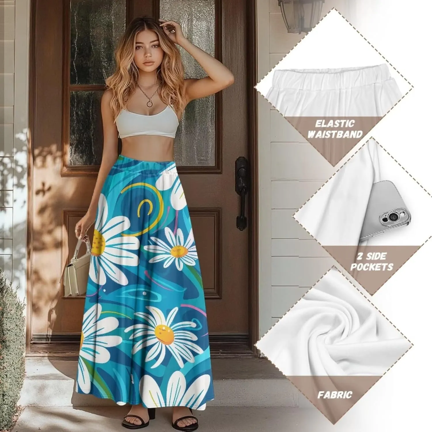 Womens Long Skirts with Pockets Flowy High Waisted Pleated Skirt for Women Daily Maxi Ladies Skirts Plus Size