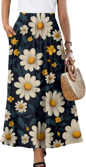 Womens Long Skirts with Pockets Flowy High Waisted Pleated Skirt for Women Daily Maxi Ladies Skirts Plus Size
