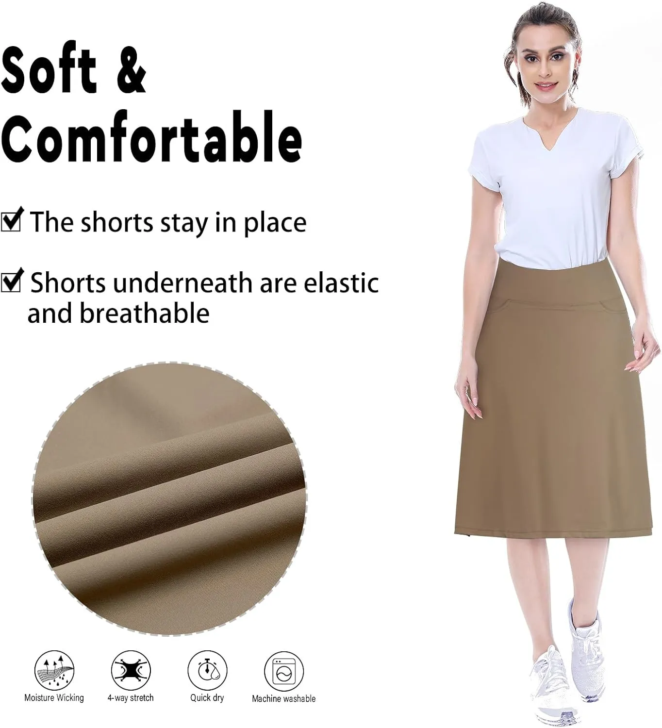 Women's Midi Length Skorts Skirts with 3 Pockets Modest Skirts Women's 24" Knee Length Skort