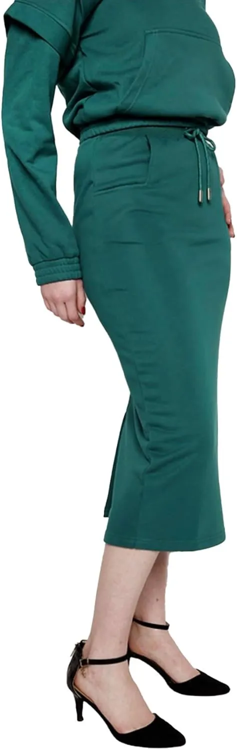 Women's Midi Pencil Skirt with Elastic Waistband, Drawstring and Side Square Pockets