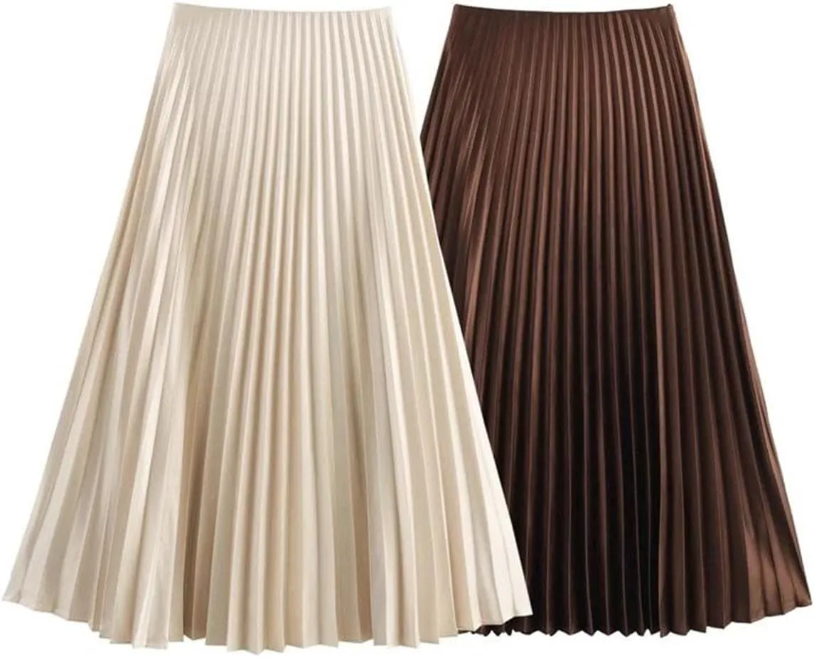 Women's Midi Skirts Vintage High Waist Party Pleated Ruffles Side Zipper Long Skirts