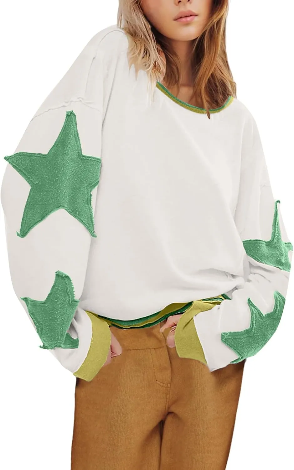 Women's Oversized Star Sweatshirt Long Sleeve Y2k Shirts Drop Shoulder Vintage Graphic Crewneck Jacket Preppy Clothes
