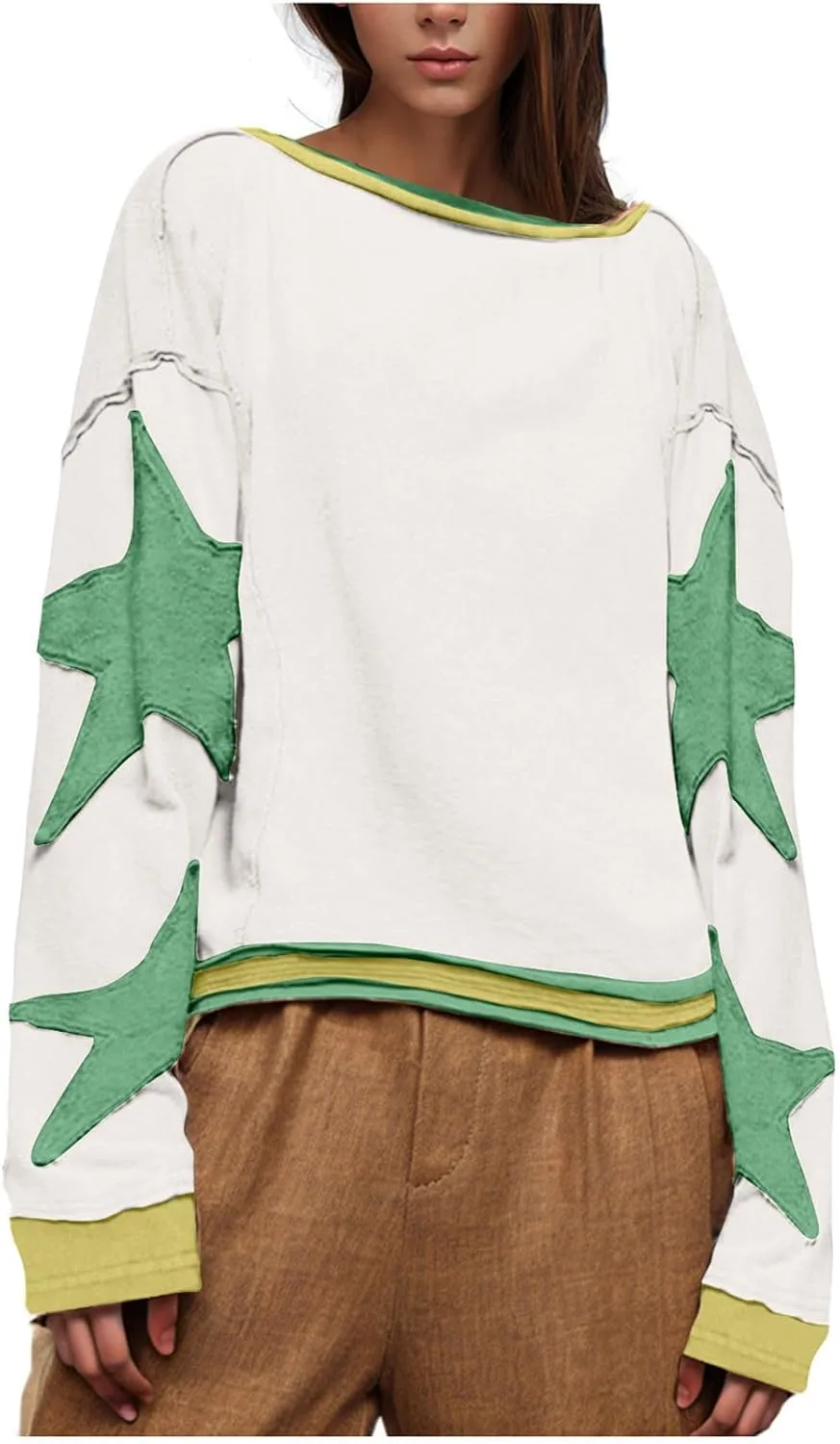 Women's Oversized Star Sweatshirt Long Sleeve Y2k Shirts Drop Shoulder Vintage Graphic Crewneck Jacket Preppy Clothes