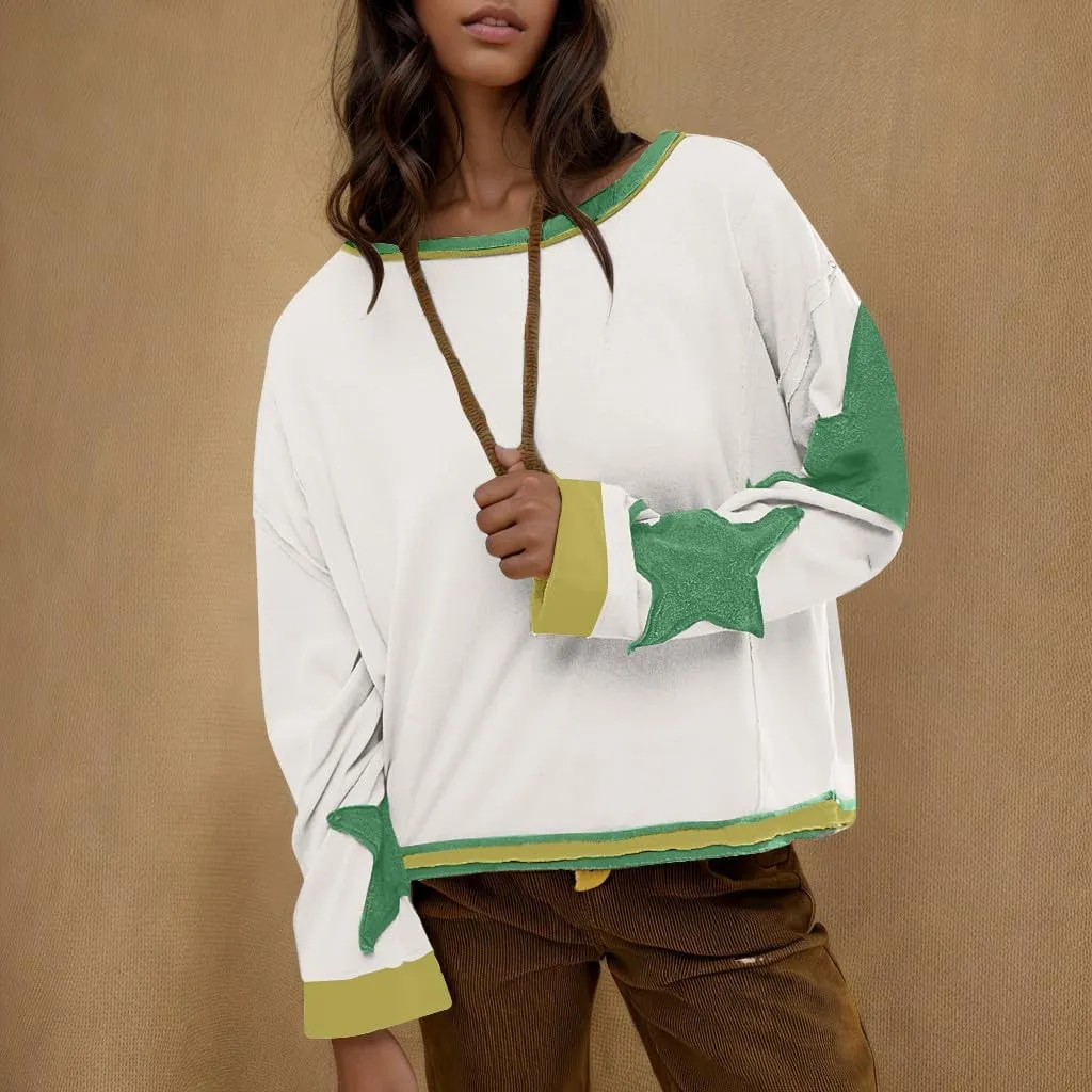 Women's Oversized Star Sweatshirt Long Sleeve Y2k Shirts Drop Shoulder Vintage Graphic Crewneck Jacket Preppy Clothes