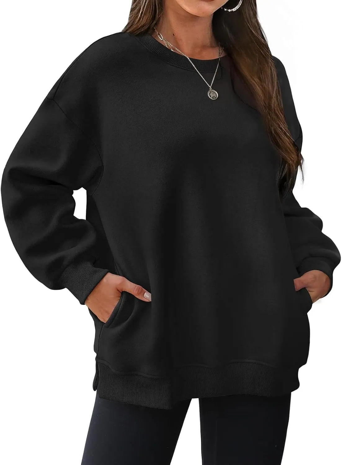 Womens Oversized Sweatshirts Side Slit Crewneck Long Sleeve Tops Loose Pullover 2024 Fall Women Extra